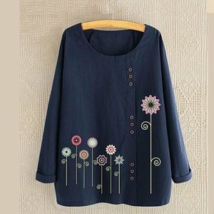 Tee Navy Floral Offset-Button Size 5X